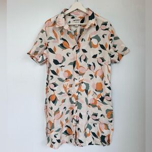 Rachel Zoe Cream Linen Shirt Dress with Peach & Green Floral Size Large